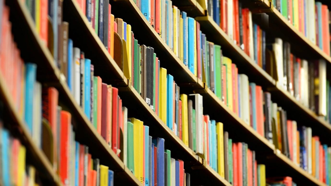 Libros de varios colores alineados en estanterías