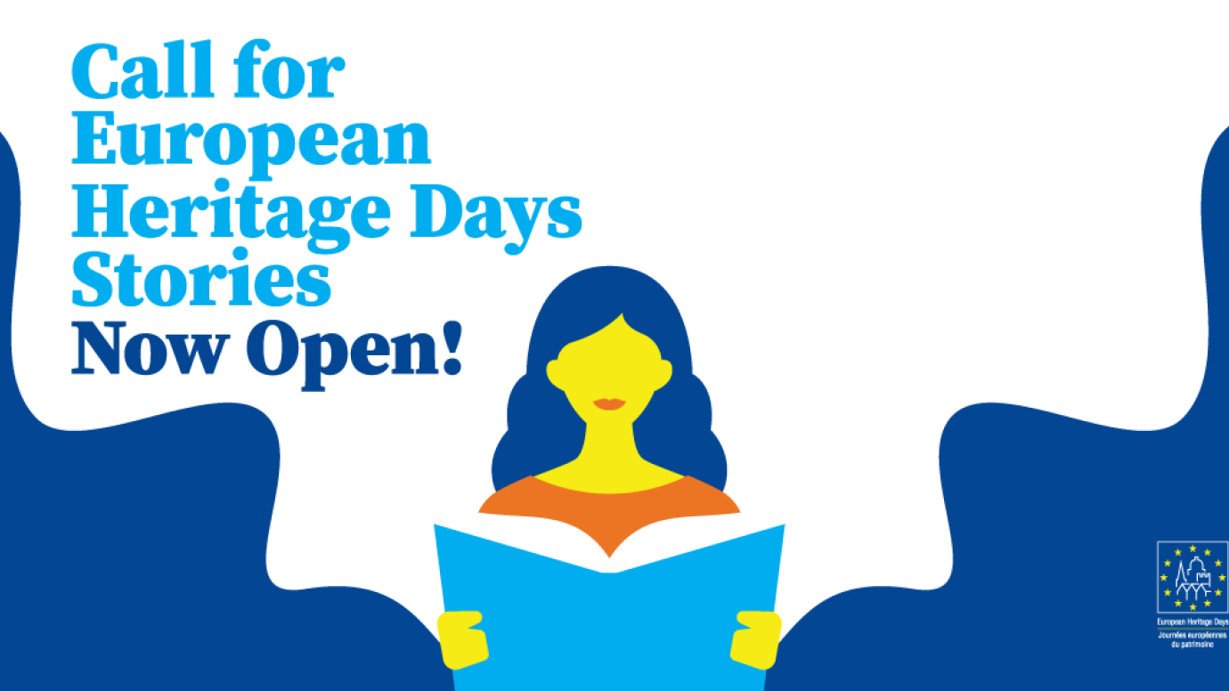 Graphic of a woman with the text "Call for European Heritage Days Stories now open!"