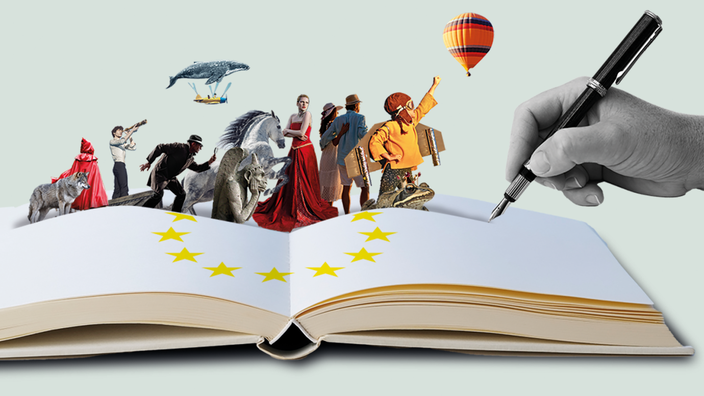 Varie figure della letteratura in miniatura sopra un libro con le stelle dell'UE
