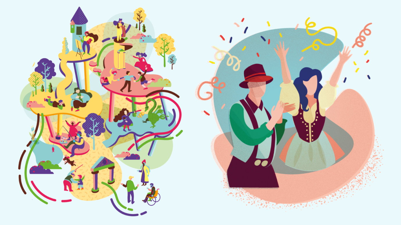Abstract illustration showing diverse people celebrating their European heritage