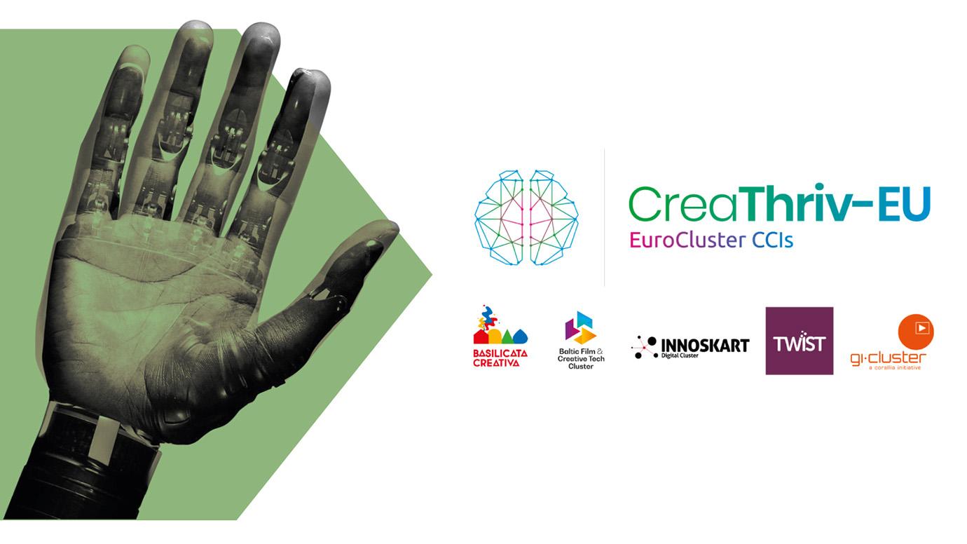 Illustration with a robotic hand overimposed on a human hand. The illustration also includes the logo of CREATHRIV-EU and of its partners