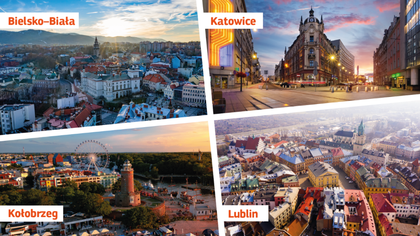 Composite image of the 4 Polish cities of Bielsko–Biała, Katowice, Kołobrzeg and Lublin