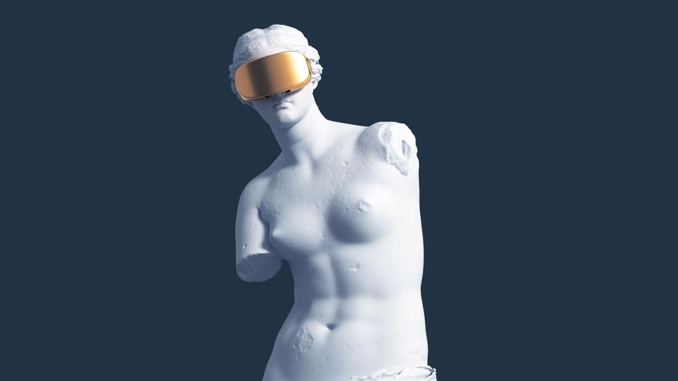 3D model of a statue of Aphrodite wearing a golden Virtual Reality headset over a blue background