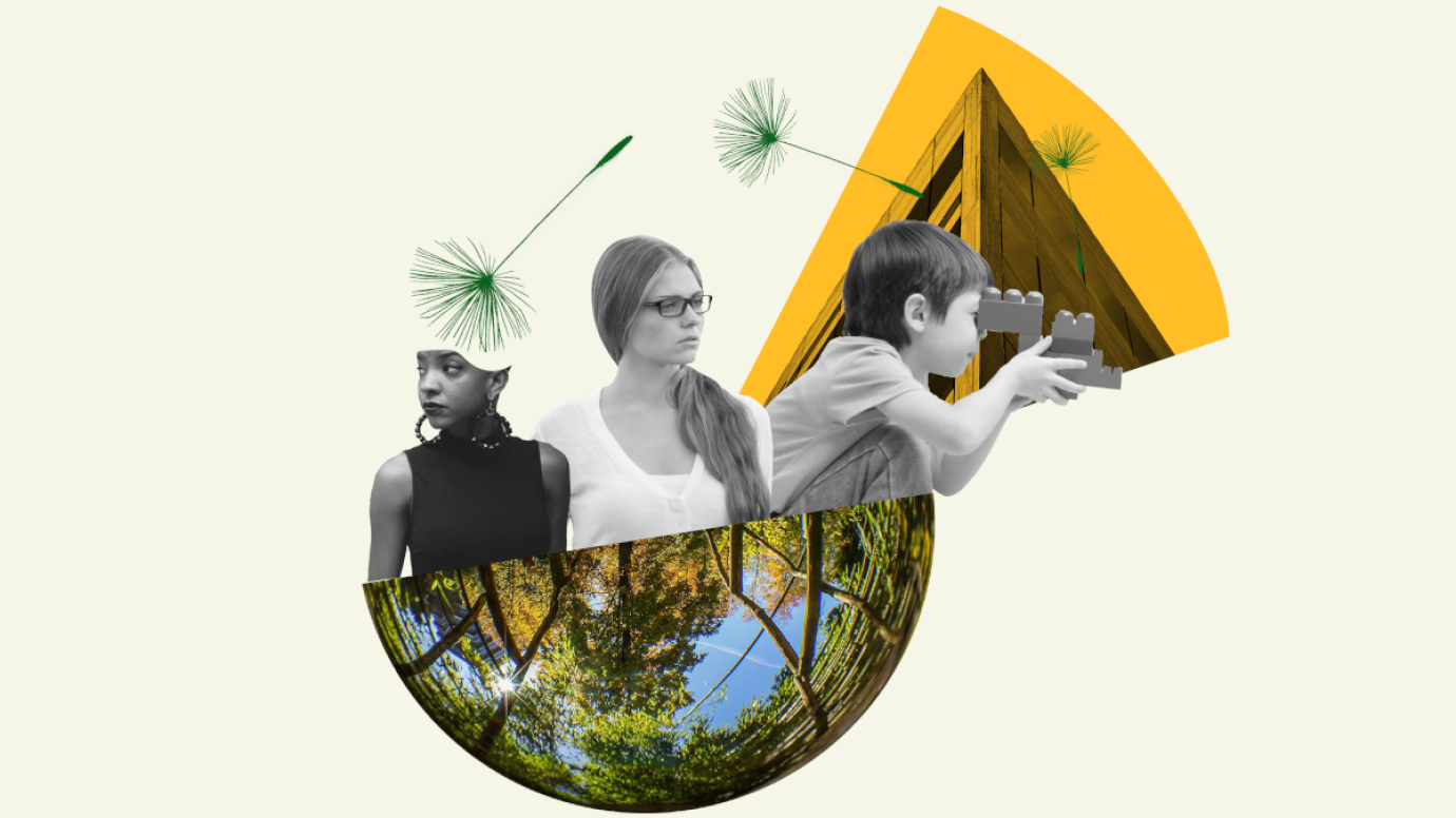 A collage of people on a light background and a semi sphere with trees 